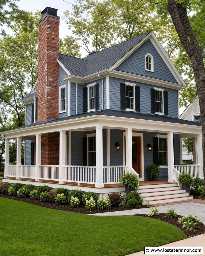Slate Blue House With Wraparound Porch And Brick Chimney - 30 Slate Blue House Design With Chimney Ideas