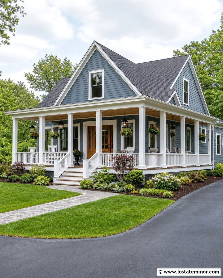 Slate Blue House With Wraparound Porch Columns - 30 Slate Blue House Design With Porch Columns Ideas