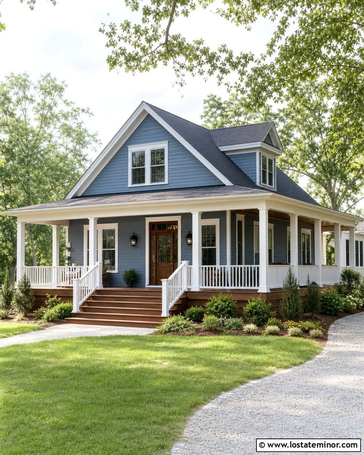 Slate Blue House With Wraparound Porch Steps - 30 Slate Blue House Design With Steps Ideas
