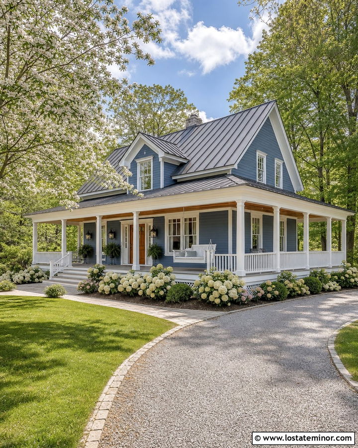 Slate Blue House With Wraparound Porch Swing - 30 Slate Blue House Design With Swing Ideas