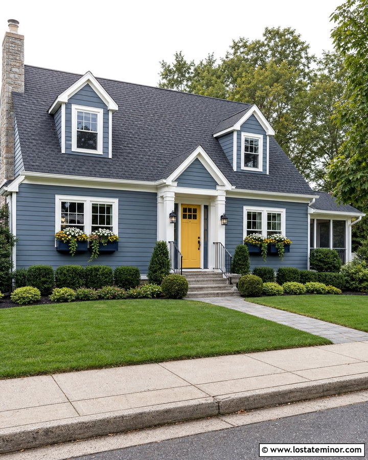 Slate Blue House With Yellow Door And Blue Window Boxes - 30 Slate Blue House Design With Window Boxes Ideas