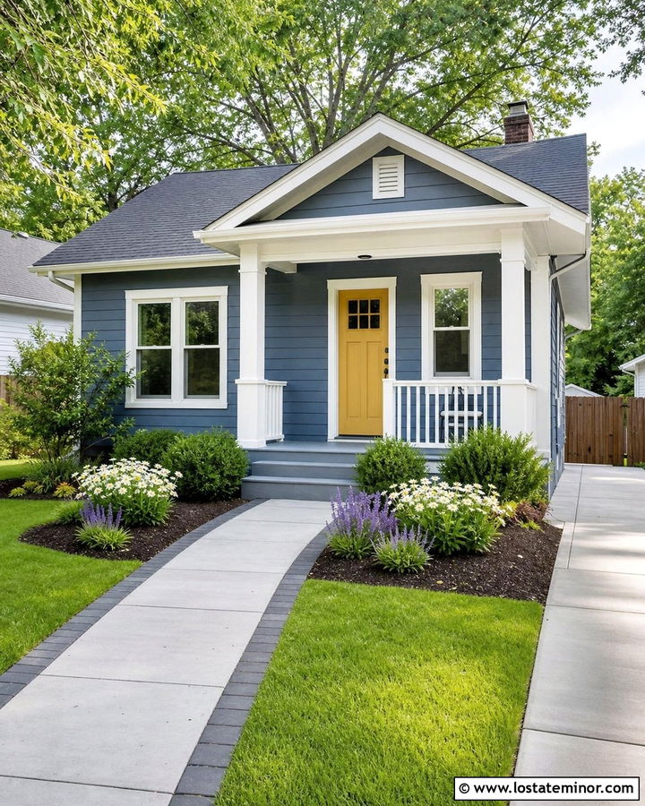 Slate Blue House With Yellow Door And Concrete Walkway - 30 Slate Blue House Design With Walkway Ideas