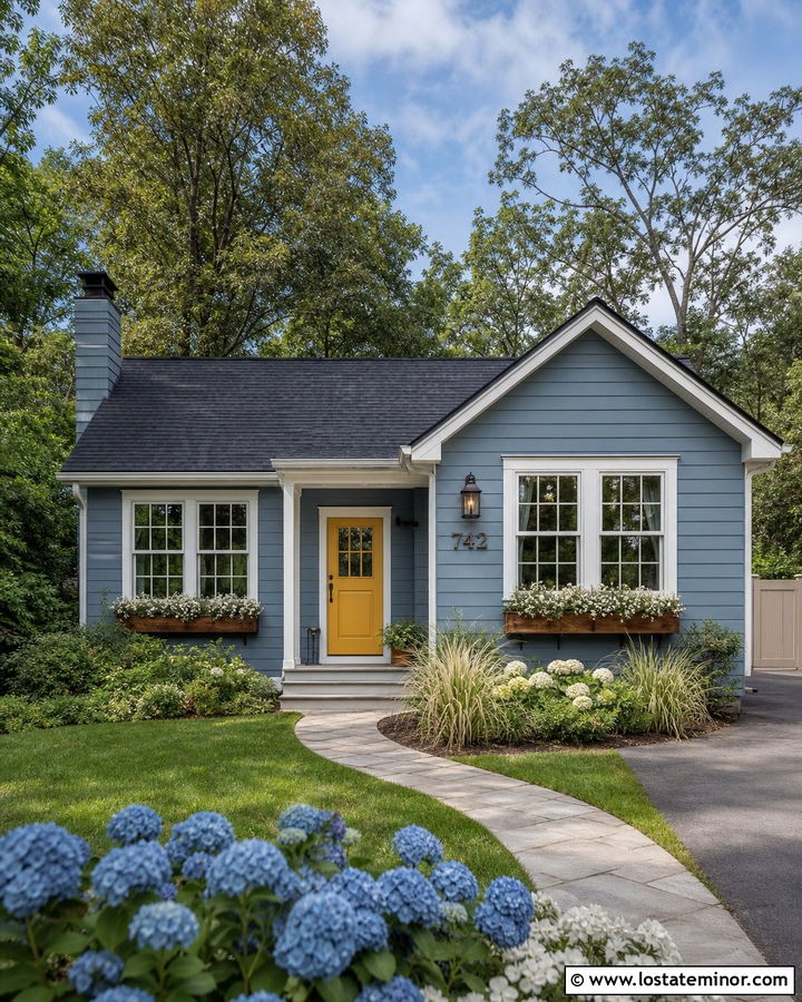 Slate Blue House With Yellow Door And House Numbers - 30 Slate Blue House Design With House Numbers Ideas