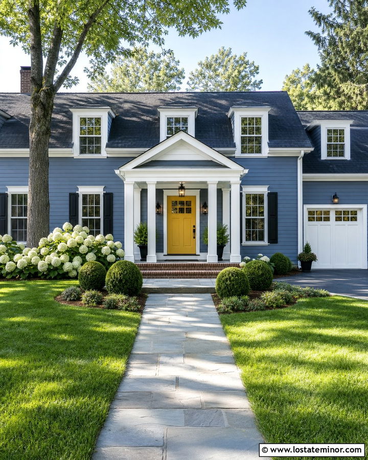 Slate Blue House With Yellow Door Portico - 30 Slate Blue House Design With Portico Ideas