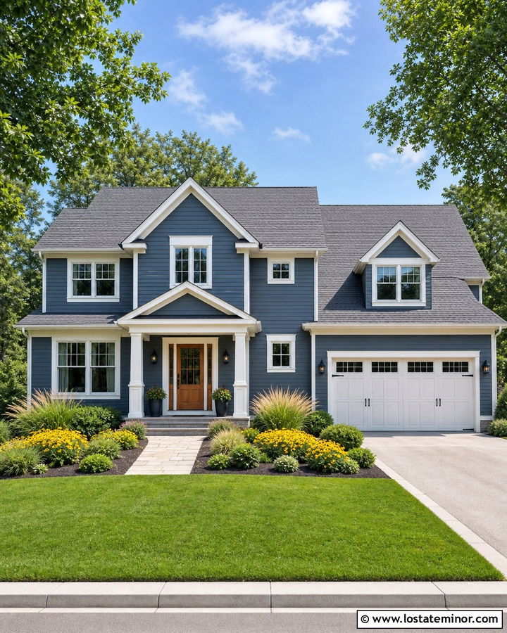 Slate Blue House With Yellow Flowers - 30 Slate Blue House Design With Landscaping Ideas