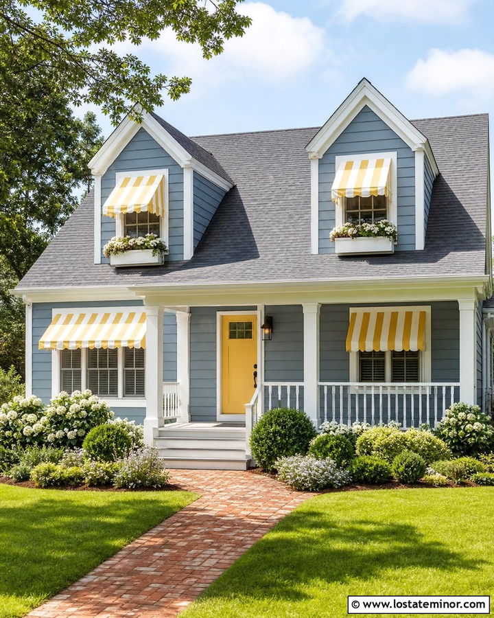 Slate Blue House With Yellow Striped Awnings - 30 Slate Blue House Design With Awning Ideas