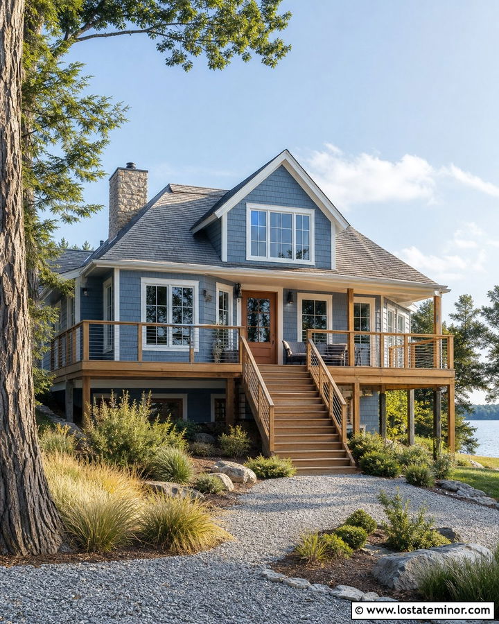 Slate Blue Lake House With Cable Deck Railings - 30 Slate Blue House Design With Railings Ideas
