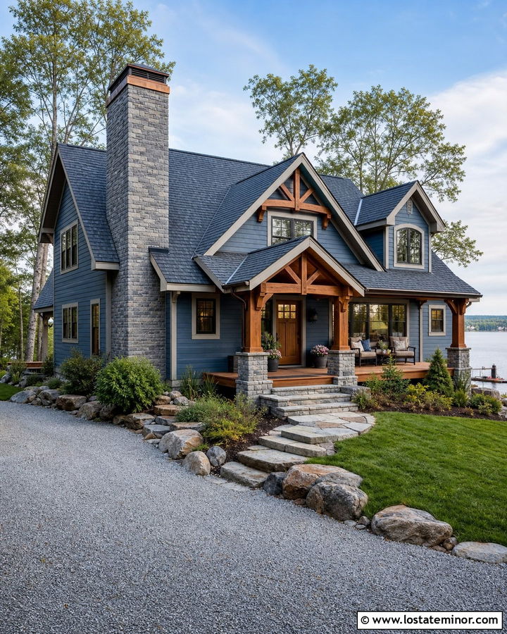 Slate Blue Lake House With Ledgestone Chimney - 30 Slate Blue House Design With Chimney Ideas