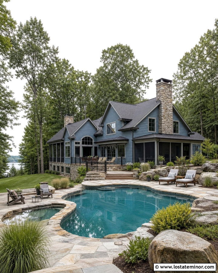 Slate Blue Lake House With Natural Stone Pool - 30 Slate Blue House Design With Swimming Pool Ideas