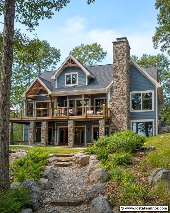 Slate Blue Lake House With Rustic Stone - 30 Slate Blue House Design With Stone Accents Ideas