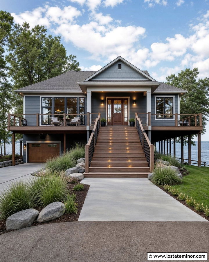 Slate Blue Lake House With Step Lighting - 30 Slate Blue House Design With Lighting Ideas