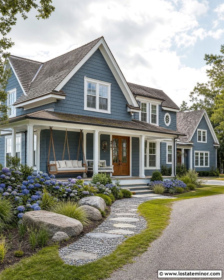 Slate Blue Lake House With Wood Swing - 30 Slate Blue House Design With Swing Ideas