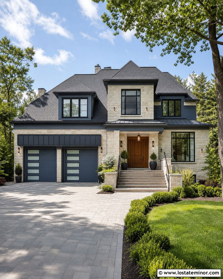 Slate Blue Luxury House With Matching Glass Garage Door - 30 Slate Blue House Design With Garage Door Ideas