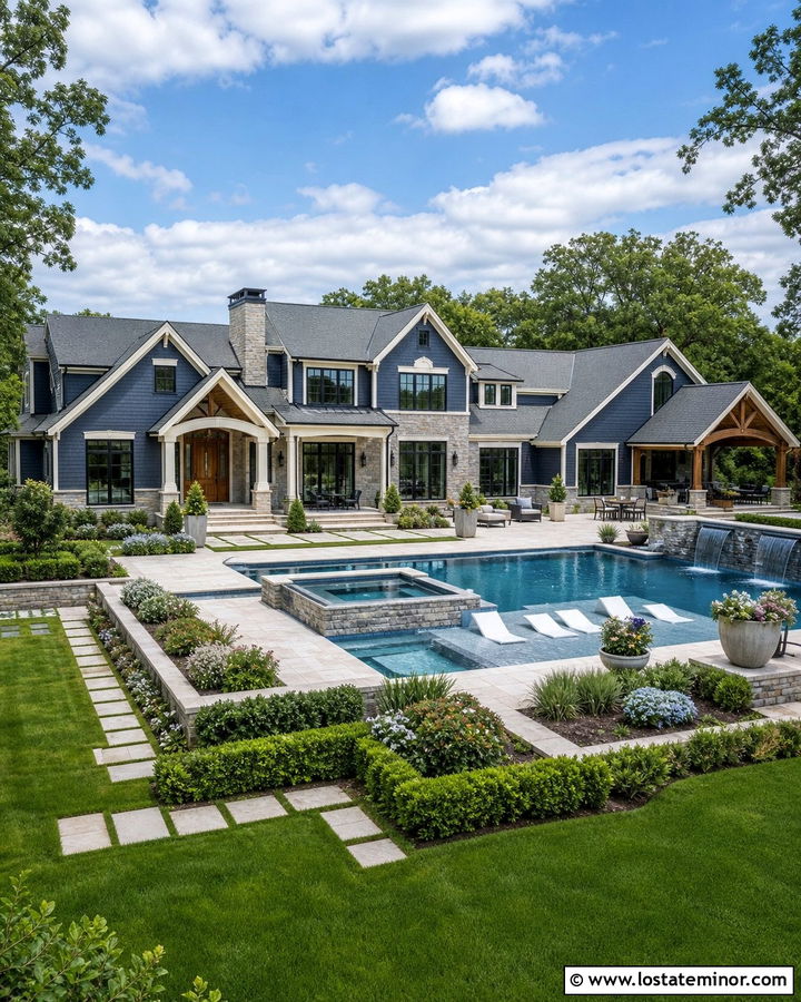 Slate Blue Luxury House With Resort Pool - 30 Slate Blue House Design With Swimming Pool Ideas