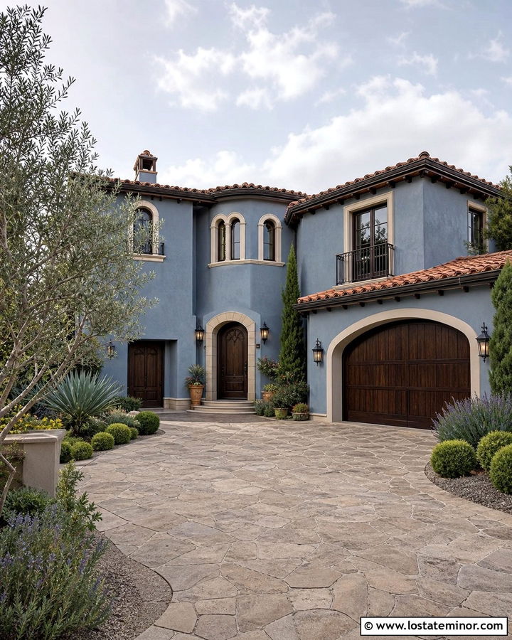 Slate Blue Mediterranean Home With Stamped Concrete - 30 Slate Blue House Design With Driveway Ideas