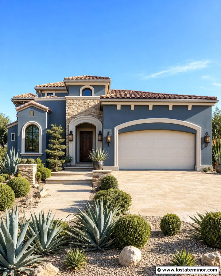 Slate Blue Mediterranean House With Arched Off White Garage Door - 30 Slate Blue House Design With Garage Door Ideas
