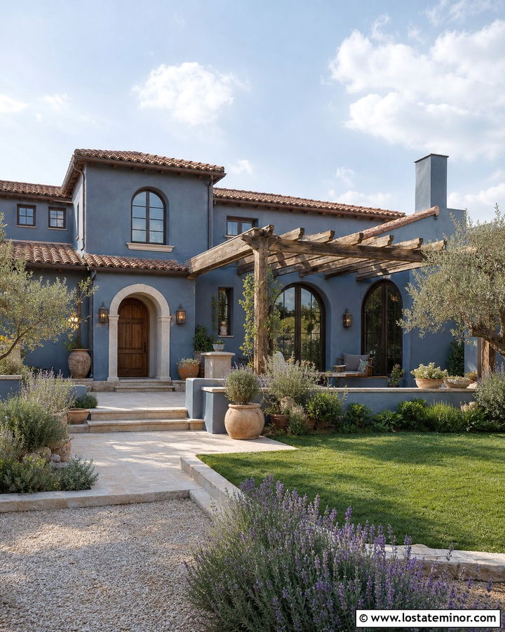 Slate Blue Mediterranean House With Courtyard Pergola - 30 Slate Blue House Design With Pergola Ideas