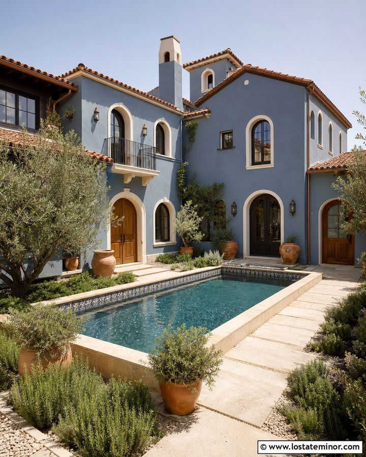Slate Blue Mediterranean House With Courtyard Pool - 30 Slate Blue House Design With Swimming Pool Ideas