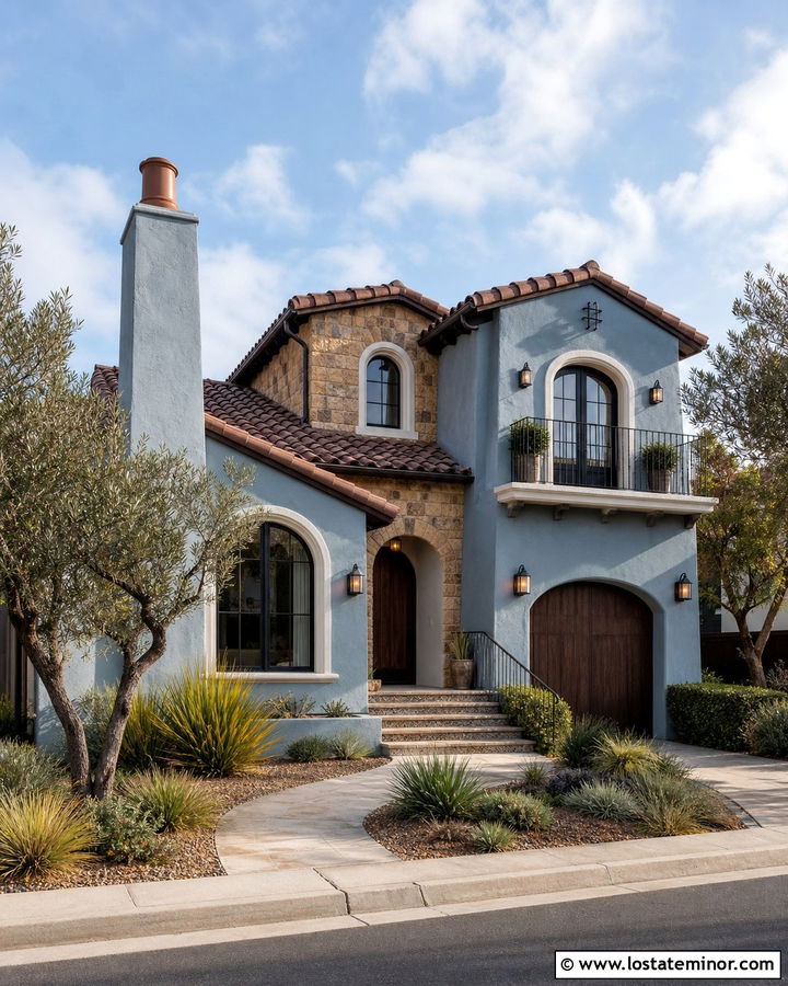 Slate Blue Mediterranean House With Stucco Chimney - 30 Slate Blue House Design With Chimney Ideas