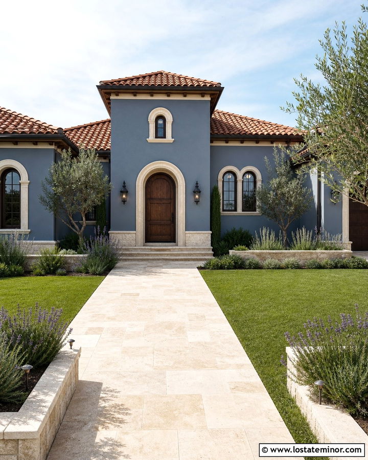 Slate Blue Mediterranean House With Travertine Walkway - 30 Slate Blue House Design With Walkway Ideas