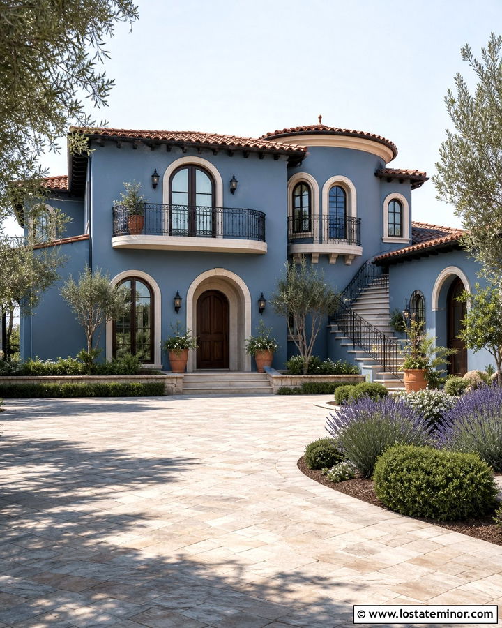 Slate Blue Mediterranean House With Wrought Iron Railings - 30 Slate Blue House Design With Railings Ideas