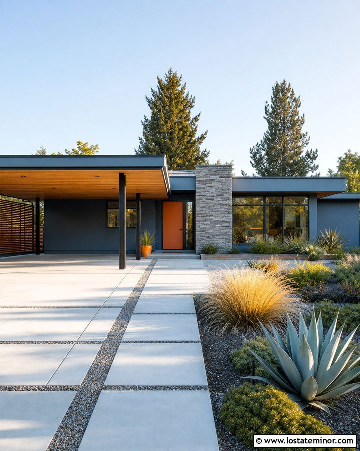 Slate Blue Mid Century House With Flat Carport - 30 Slate Blue House Design With Carport Ideas