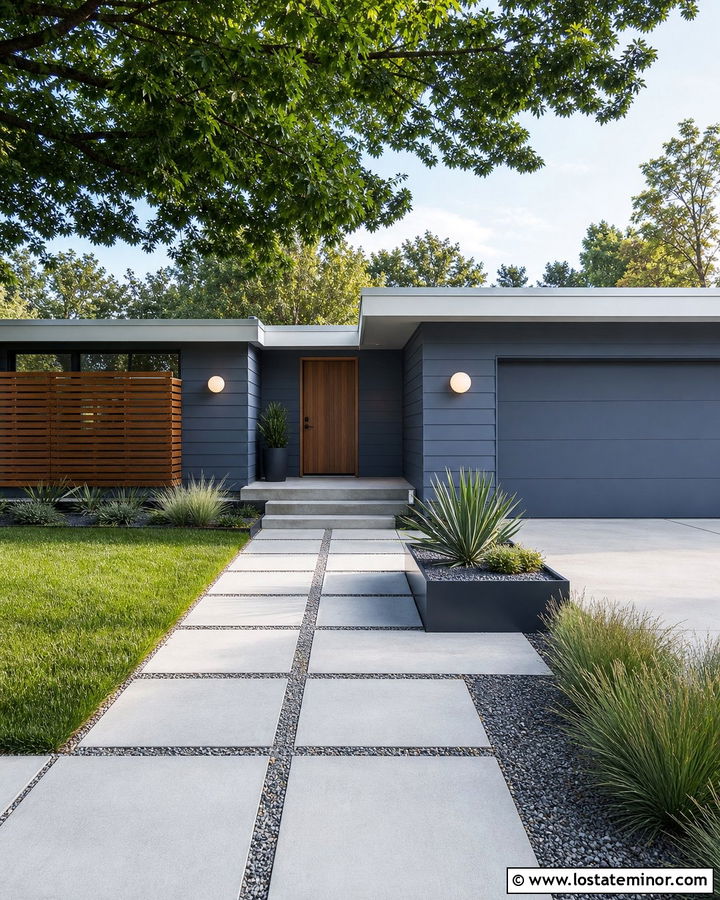 Slate Blue Mid Century House With Grid Walkway - 30 Slate Blue House Design With Walkway Ideas