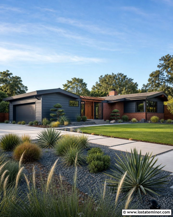 Slate Blue Mid Century House With Slatted Pergola - 30 Slate Blue House Design With Pergola Ideas