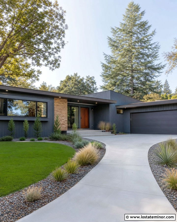 Slate Blue Midcentury Home With Curved Driveway - 30 Slate Blue House Design With Driveway Ideas