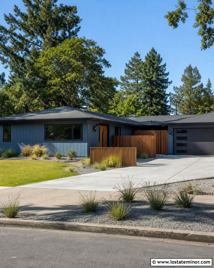 Slate Blue Midcentury House With Cedar Screen Fence - 30 Slate Blue House Design With Fence Ideas