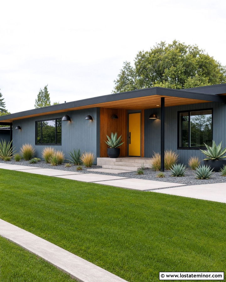 Slate Blue Midcentury House With Dome Lights - 30 Slate Blue House Design With Light Fixtures Ideas
