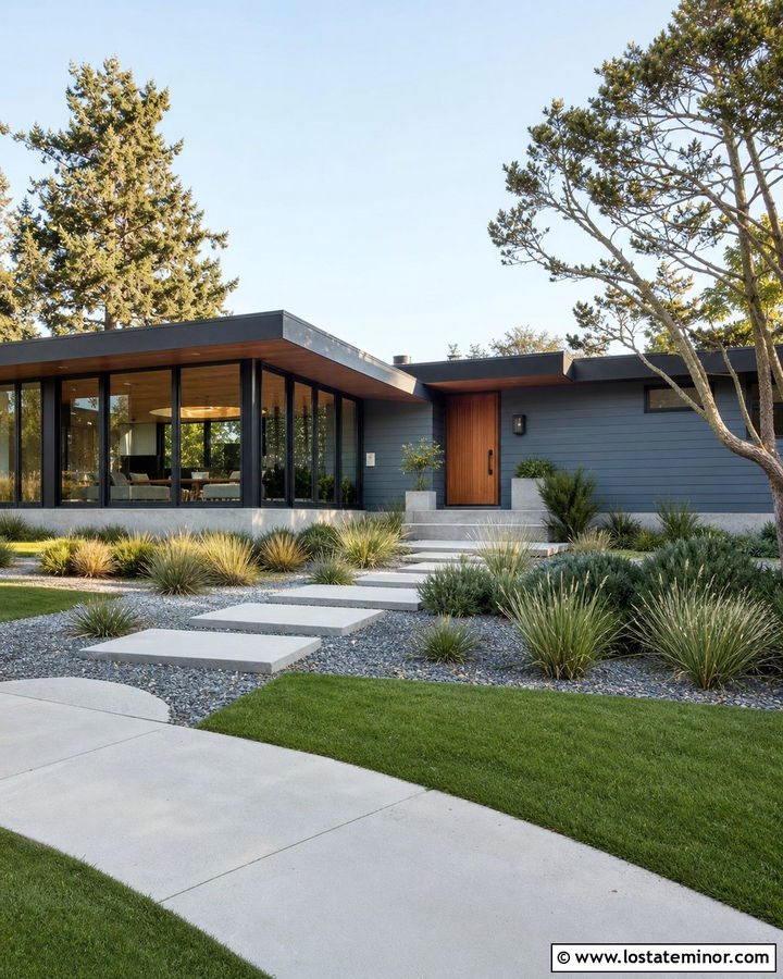 Slate Blue Midcentury House With Flat Roof Sunroom - 30 Slate Blue House Design With Sunroom Ideas