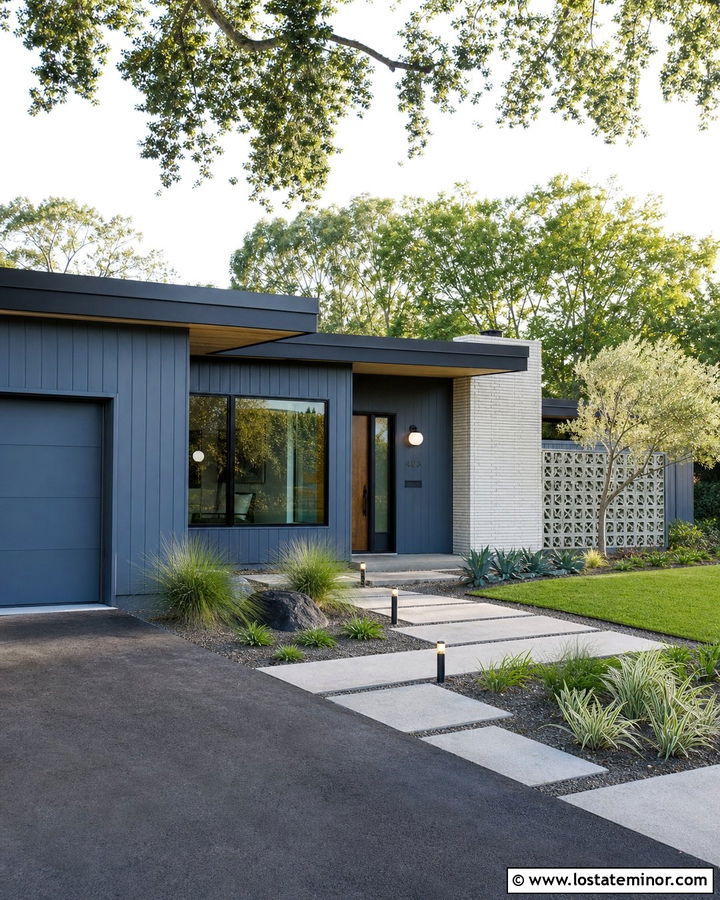Slate Blue Midcentury House With Globe Sconces - 30 Slate Blue House Design With Lighting Ideas