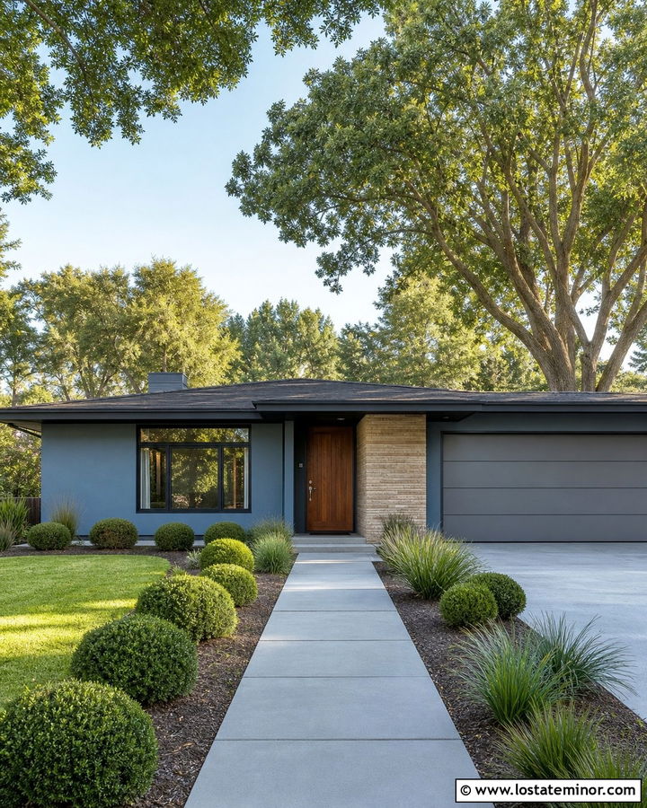 Slate Blue Midcentury House With Gray Garage Door - 30 Slate Blue House Design With Garage Door Ideas