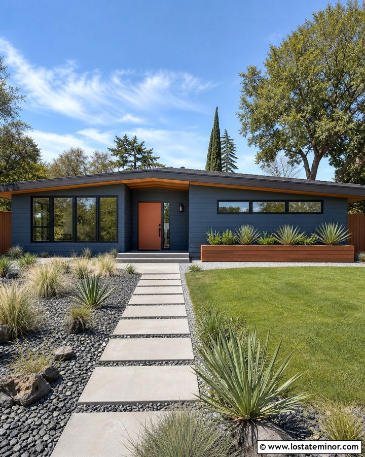 Slate Blue Midcentury House With Orange Door And Gravel Yard - 30 Slate Blue House Design With Front Yard Ideas