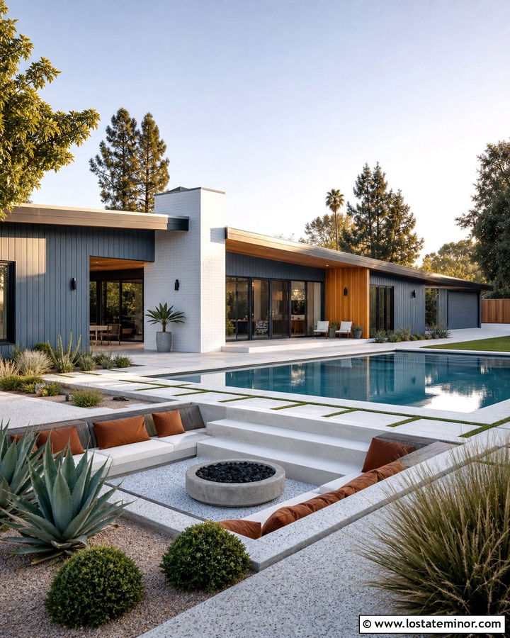 Slate Blue Midcentury Modern House With Geometric Pool - 30 Slate Blue House Design With Swimming Pool Ideas