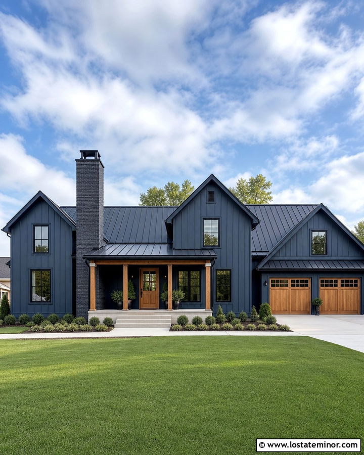 Slate Blue Modern Farmhouse With Black Brick Chimney - 30 Slate Blue House Design With Chimney Ideas