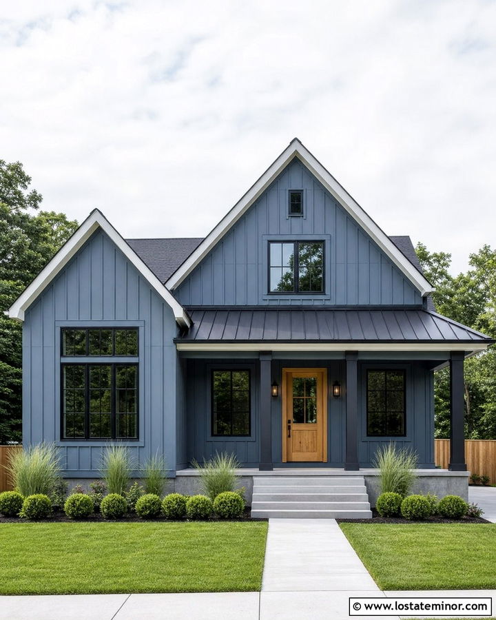 Slate Blue Modern Farmhouse With Black Columns - 30 Slate Blue House Design With Porch Columns Ideas
