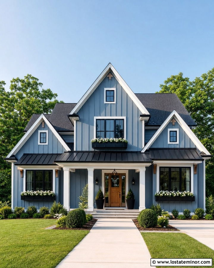 Slate Blue Modern Farmhouse With Black Window Boxes - 30 Slate Blue House Design With Window Boxes Ideas
