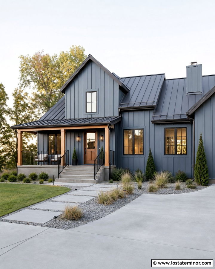 Slate Blue Modern Farmhouse With Concrete Steps - 30 Slate Blue House Design With Steps Ideas