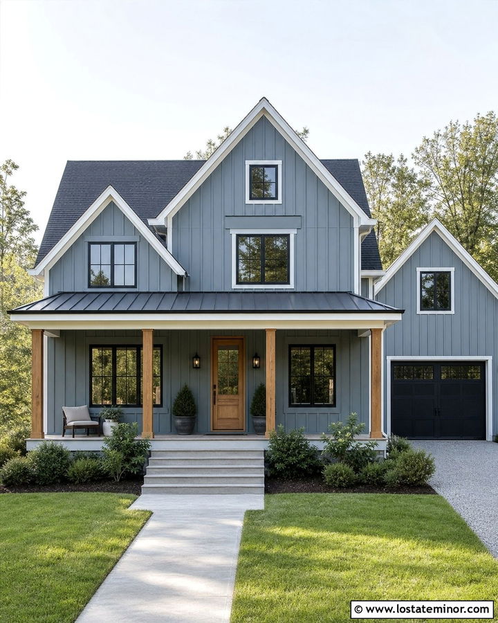 Slate Blue Modern Farmhouse With Front Porch - 30 Slate Blue House Design With Front Porch Ideas