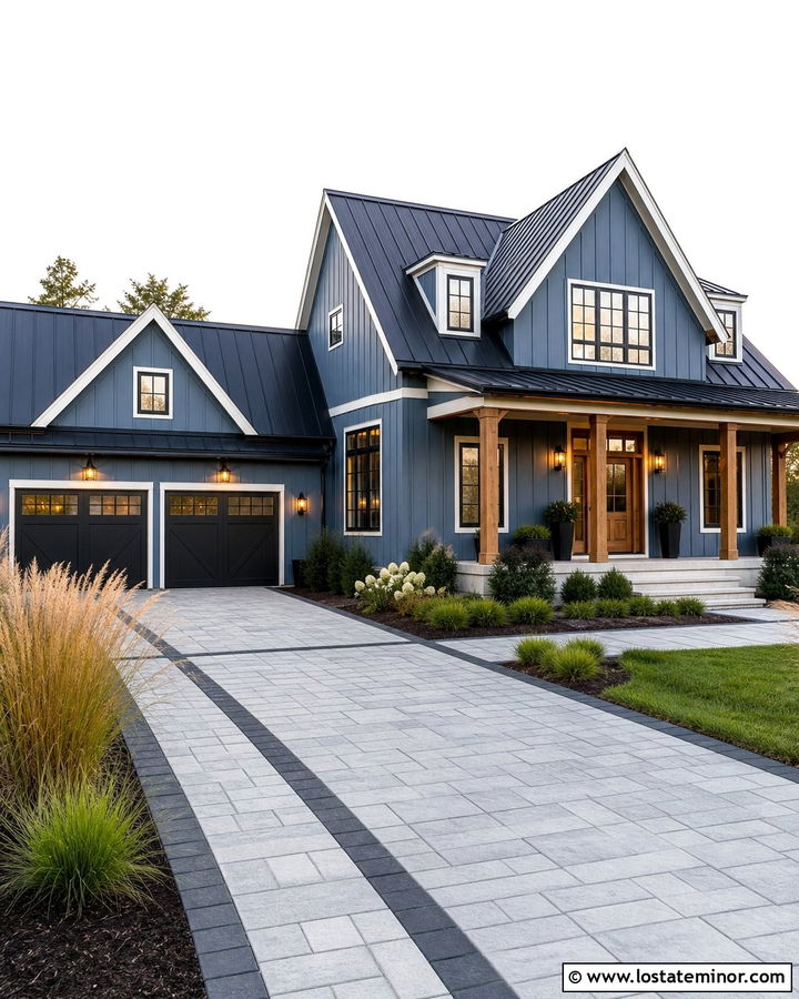 Slate Blue Modern Farmhouse With Paver Driveway - 30 Slate Blue House Design With Driveway Ideas