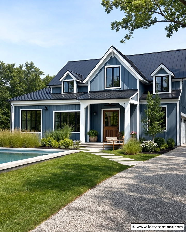 Slate Blue Modern Farmhouse With Rectangular Pool - 30 Slate Blue House Design With Swimming Pool Ideas
