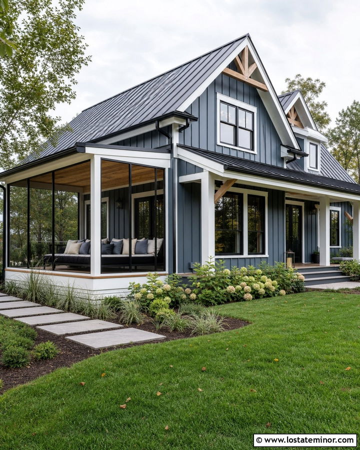 Slate Blue Modern Farmhouse With Screened Daybed Porch - 30 Slate Blue House Design With Daybed Ideas