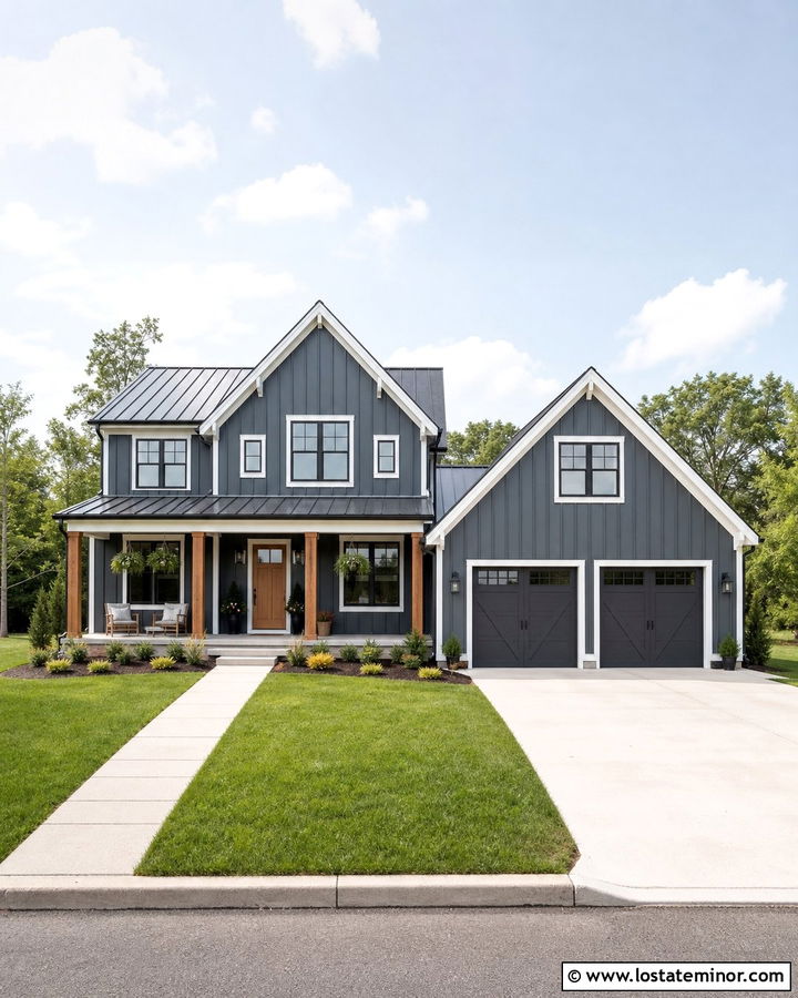 Slate Blue Modern Farmhouse With Twin Gables - 30 Slate Blue House Design With Gables Ideas