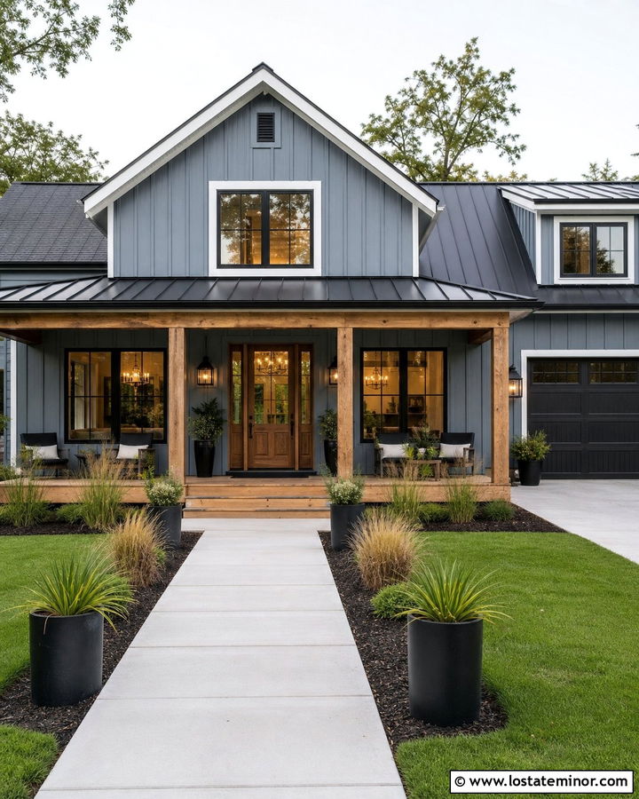 Slate Blue Modern Farmhouse With Wood Porch - 30 Slate Blue House Design With Accents Ideas