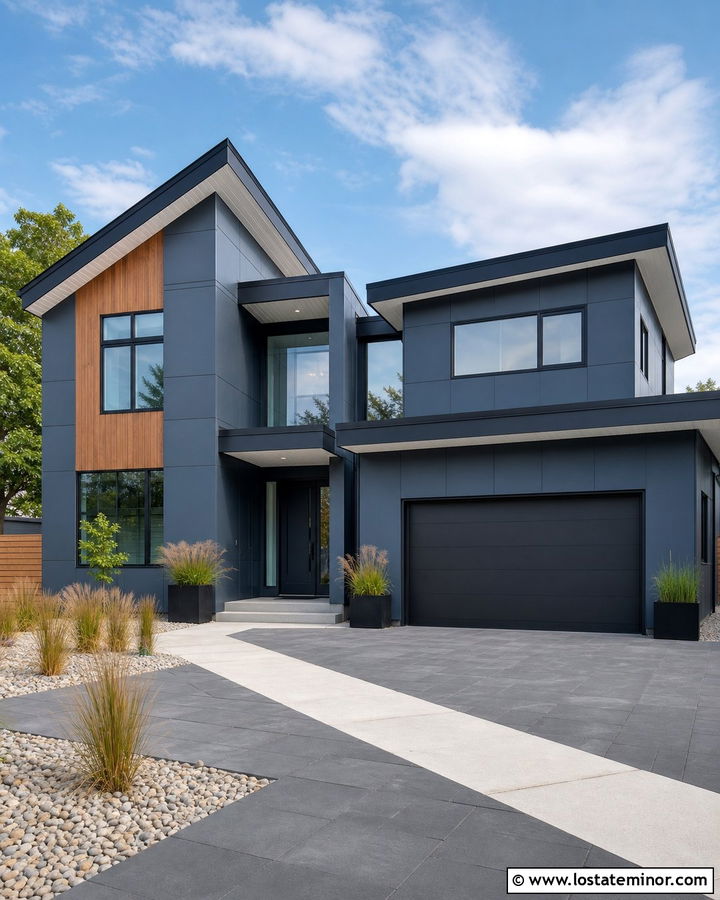 Slate Blue Modern Home With Charcoal Driveway - 30 Slate Blue House Design With Driveway Ideas