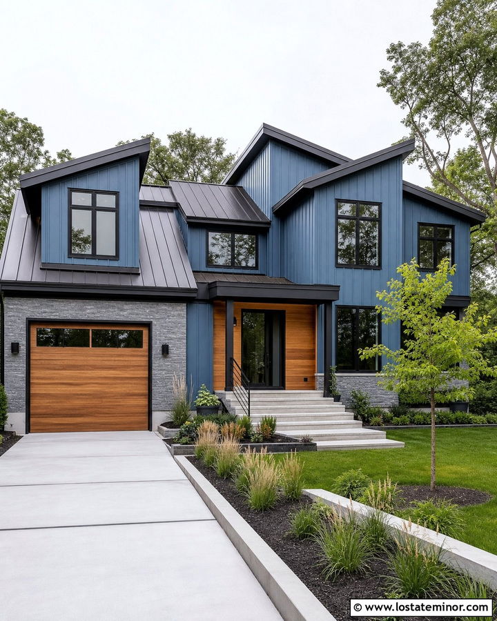 Slate Blue Modern House With Asymmetrical Dormers - 30 Slate Blue House Design With Dormers Ideas