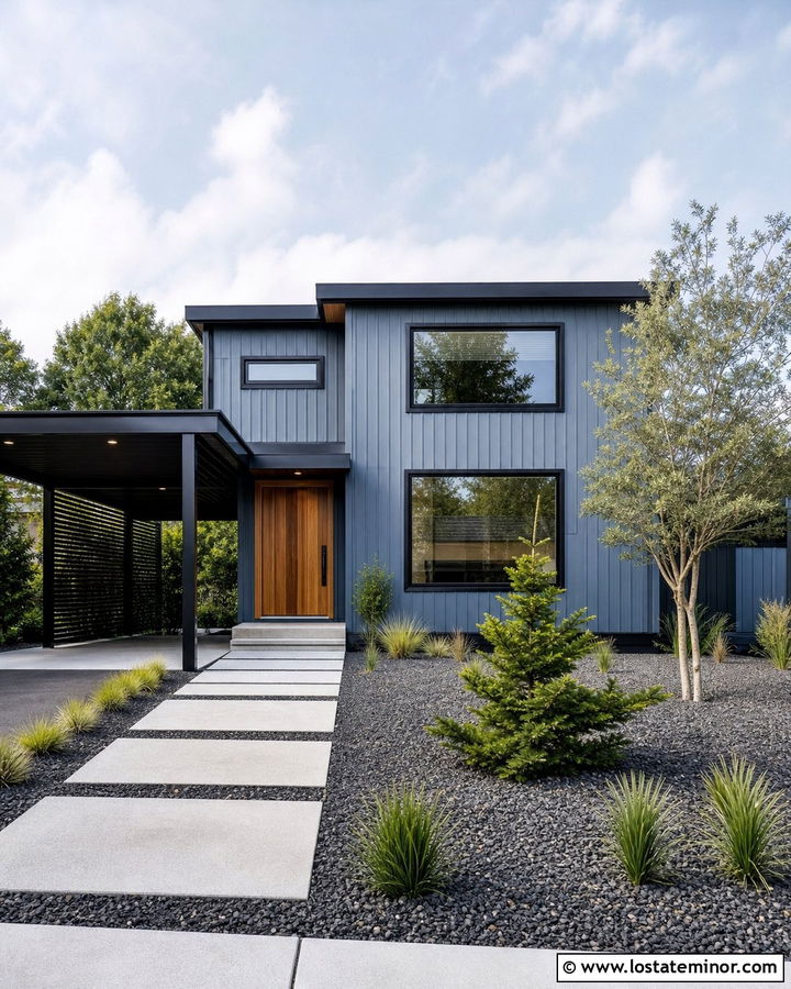 Slate Blue Modern House With Black Carport - 30 Slate Blue House Design With Carport Ideas