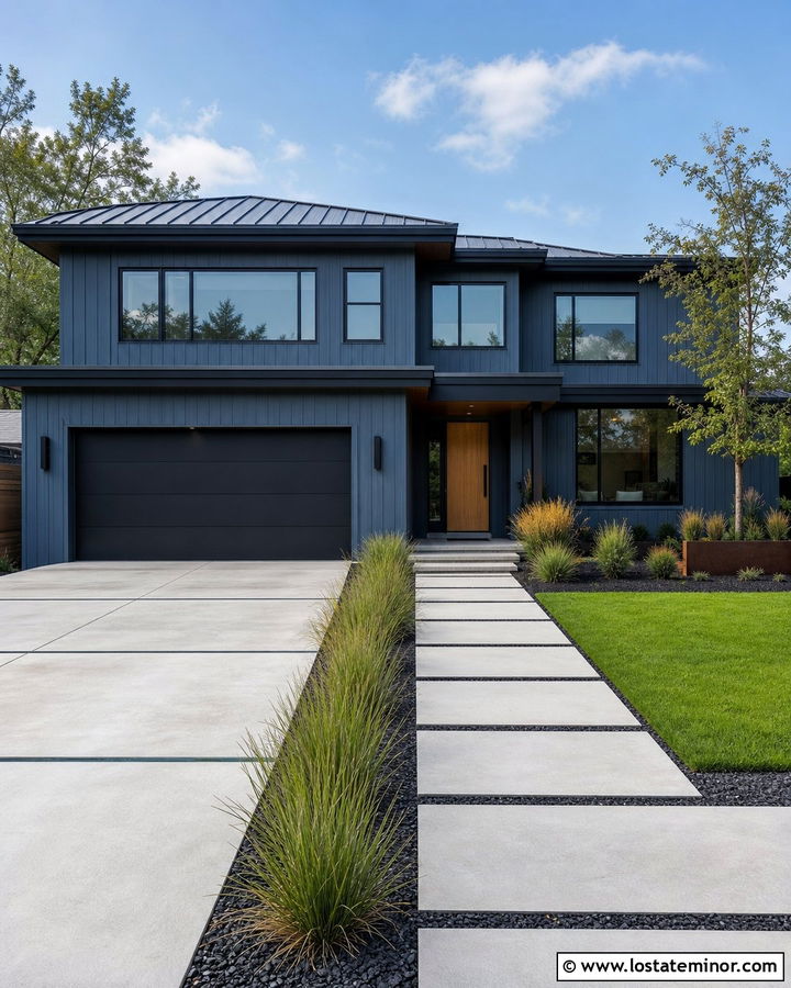 Slate Blue Modern House With Black Garage Door - 30 Slate Blue House Design With Garage Door Ideas